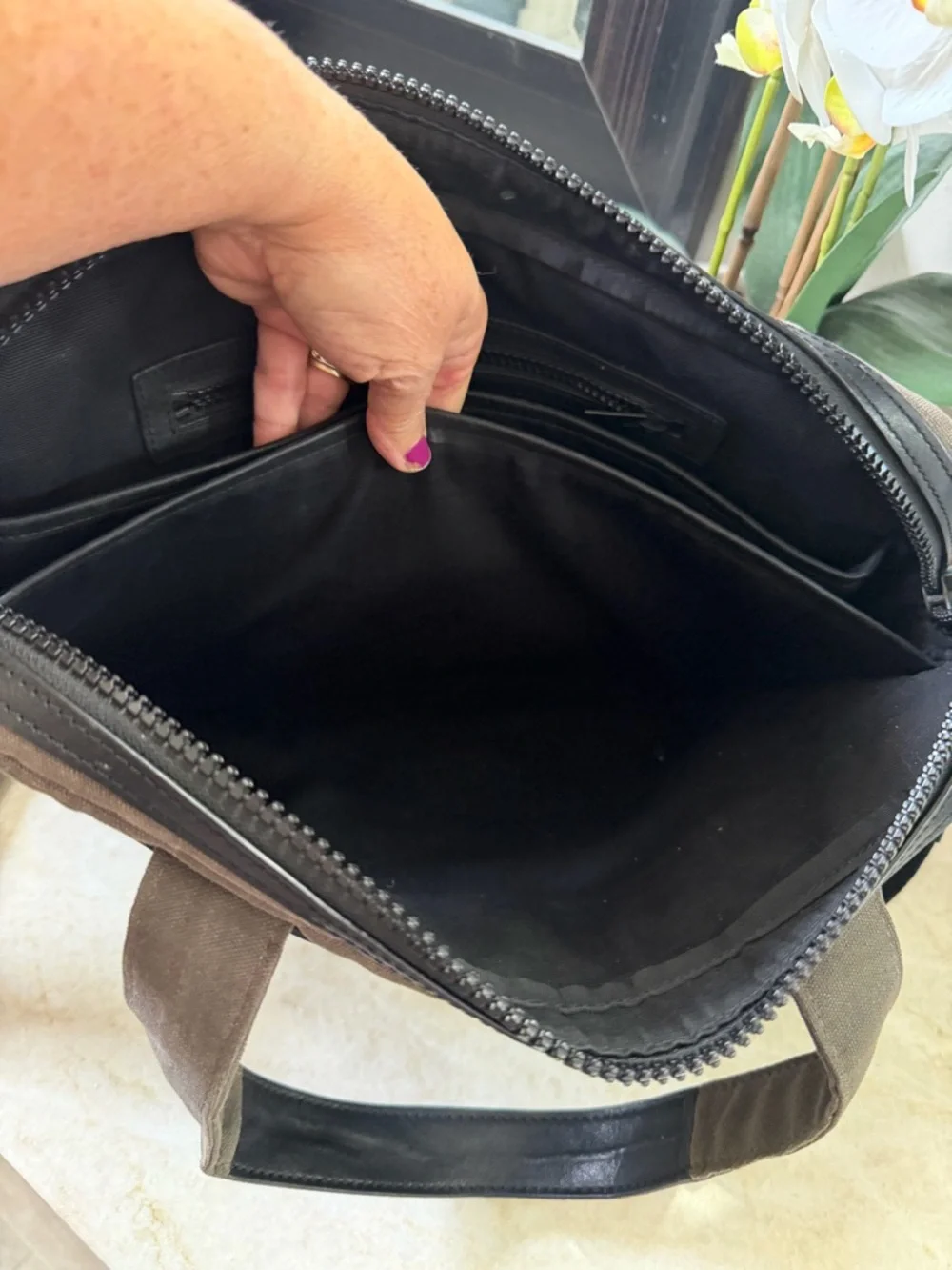 All Saints canvas and leather laptop bag